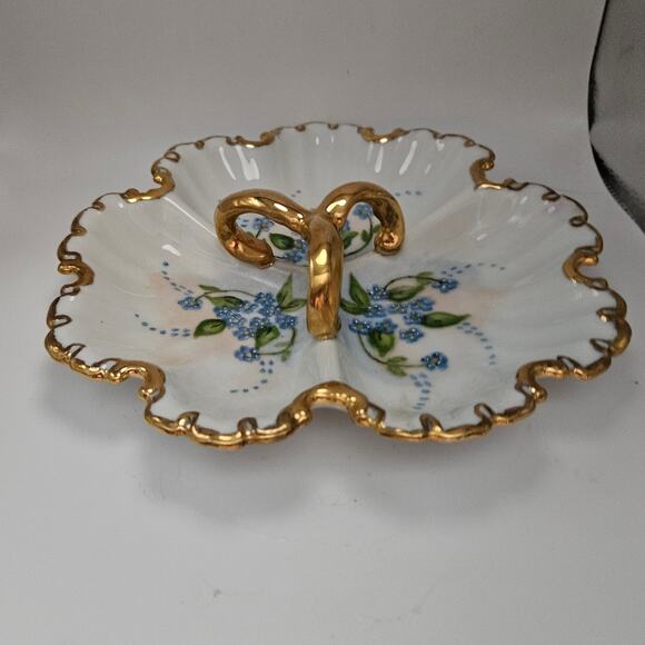 Vintage 1971 Hand Painted Porcelain Divided Dish Blue Flowers Gold Trim Signed - Picture 2 of 5